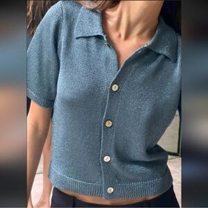 Zara Womens Crochet Blue Button Up Sweater Top Size Small
